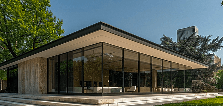 A modern glass-walled building