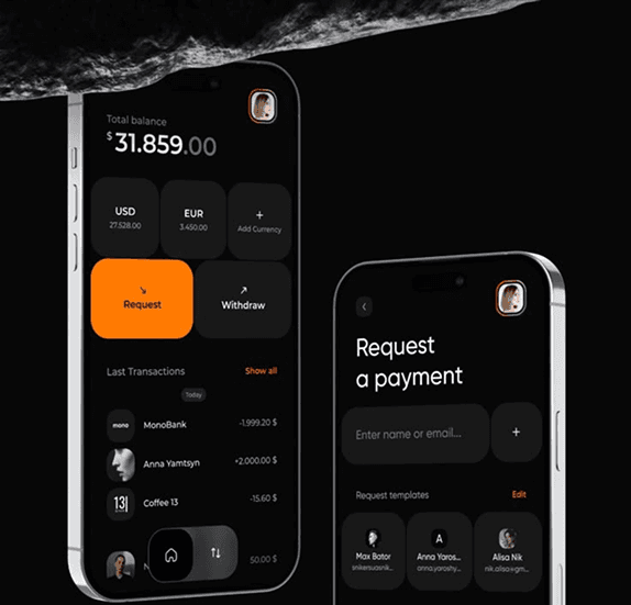 Cash Management System phones showing balance and payment requests